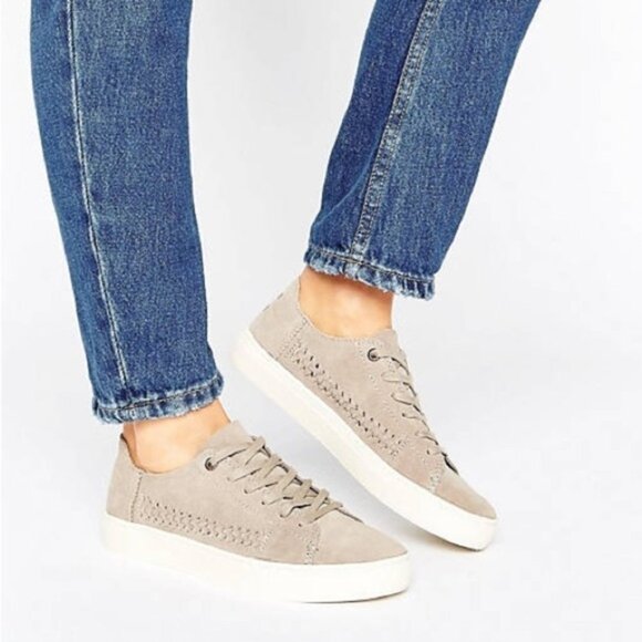 Toms Lenox Sneakers Shoes Lace Up Suede Woven Panel Desert Grey Women Size 6 - Picture 1 of 16